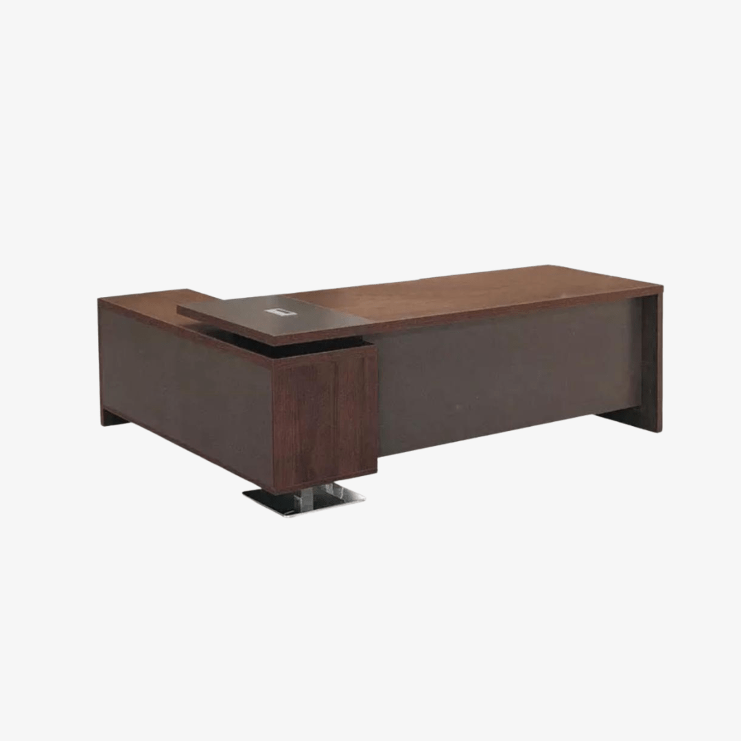 Bureau de direction minimaliste en bois foncé avec support métallique