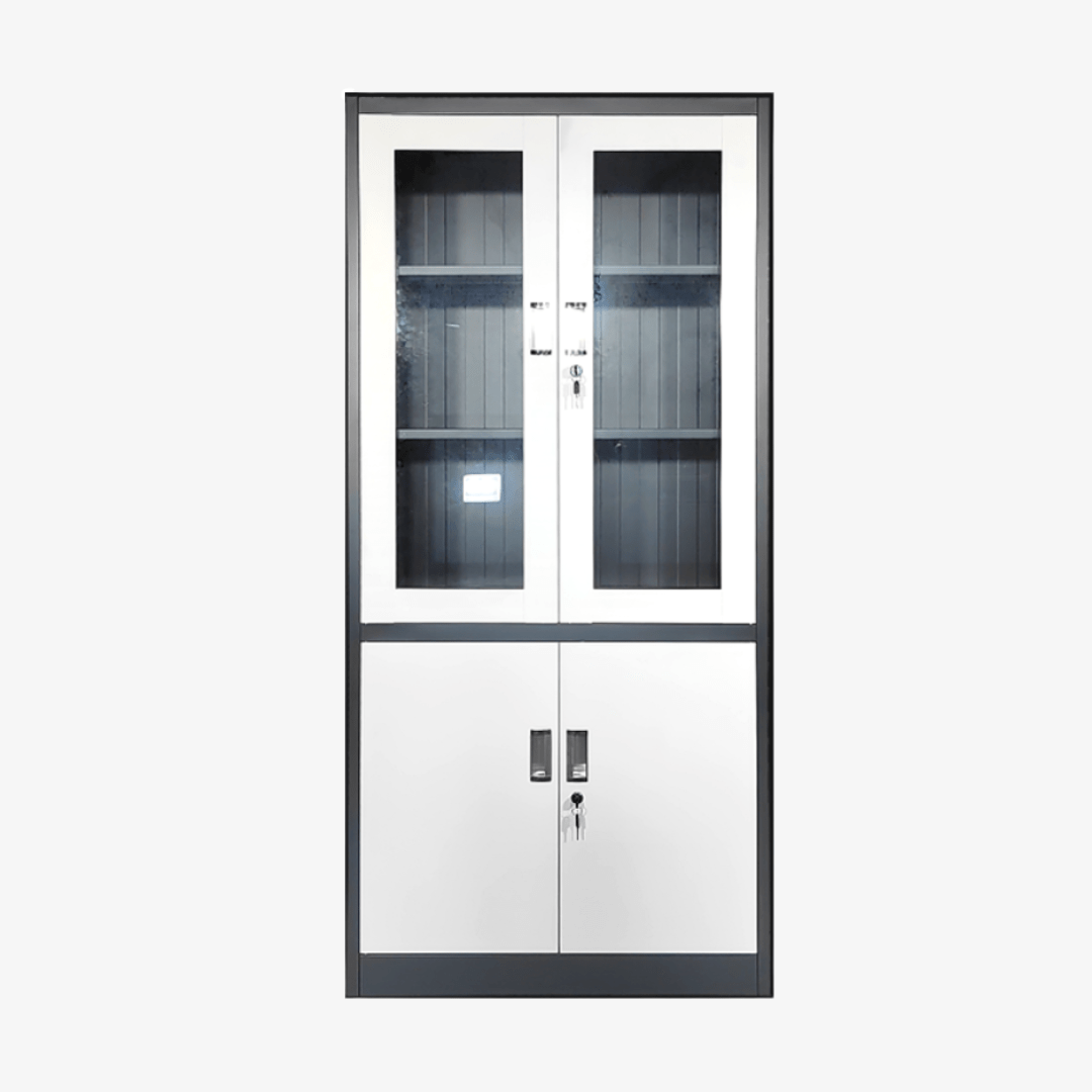 Armoire métallique de bureau gris et blanc avec portes vitrées