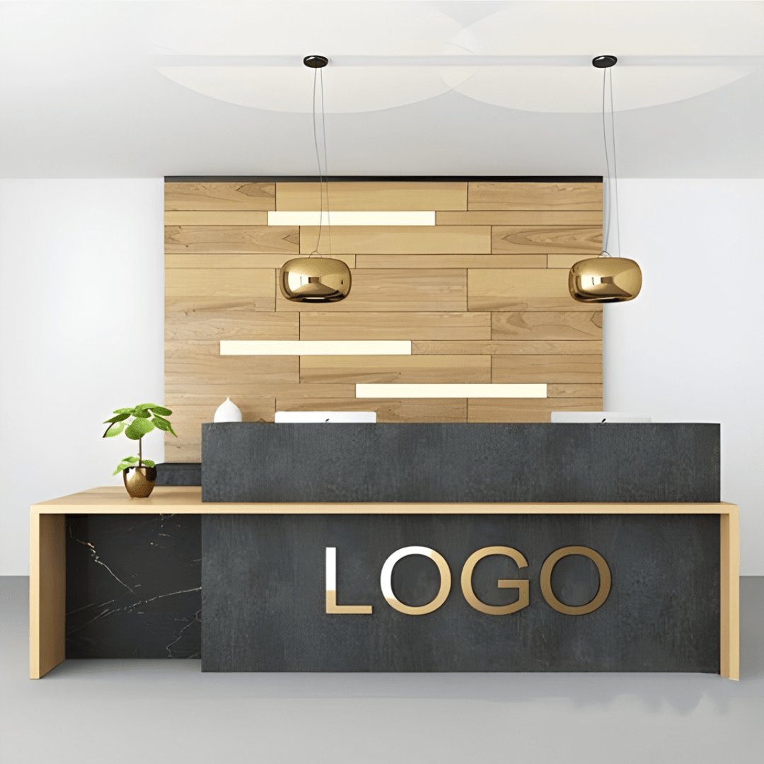 Desk de réception architectural avec logo frontal et éclairage décoratif