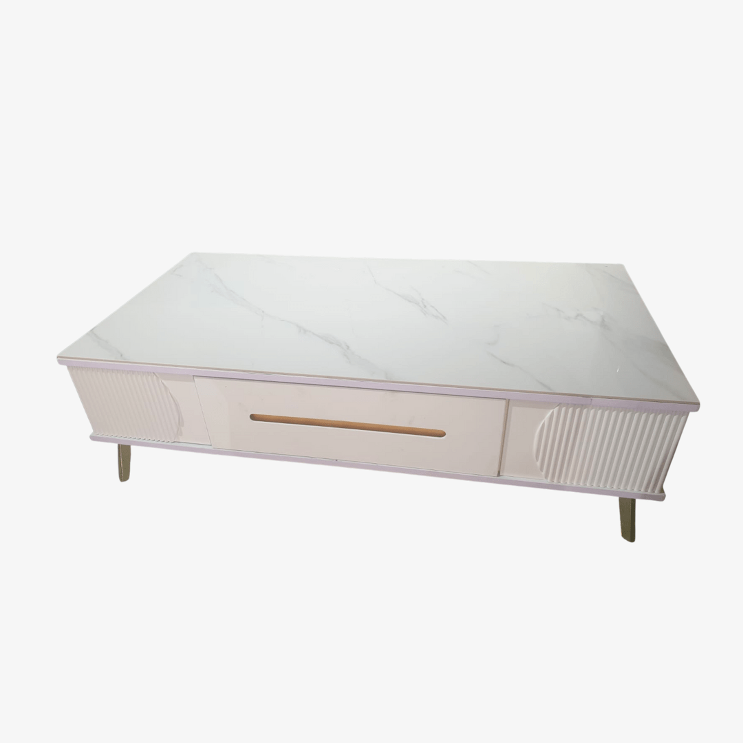 Table basse moderne blanche avec plateau effet marbre